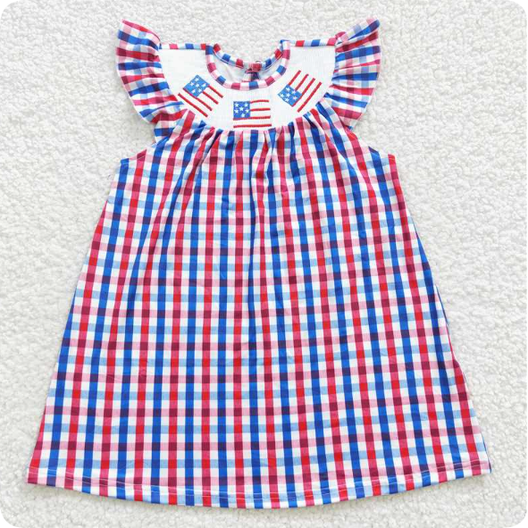 GSD0387  6.11y Smocked embroidered National Day checkerboard short-sleeved dress