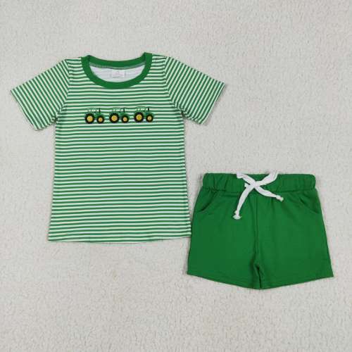 BSSO1374  6.12 Embroidered Farm Tractor Stripe Short Sleeve Green Shorts Set
