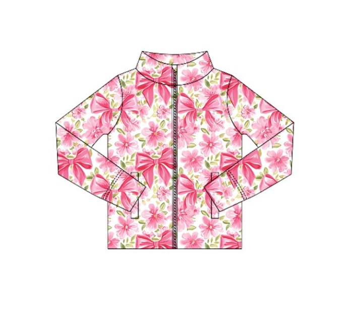 GT1079 6.12y pre orderWhite Yoga Zipper Long Sleeve Top with Flowers, Leaves and Pink Bows