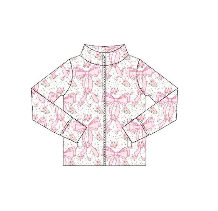 GT1082 6.12y pre order White Yoga Zipper Long Sleeve Top with Floral Flower and Bowknot Pattern