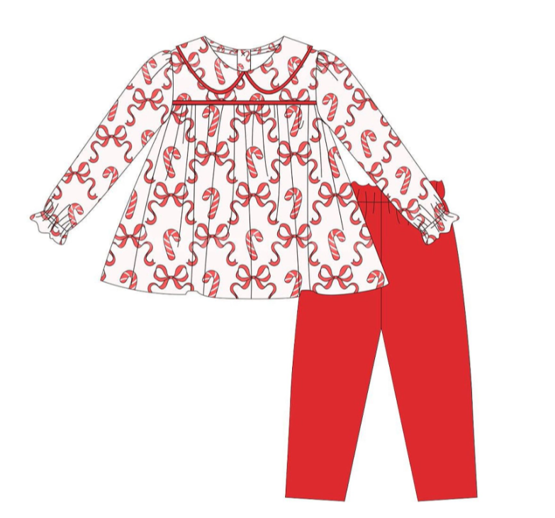 GLP2484  6.13y pre order Cane Red Bowknot Pattern Doll Collar Long Sleeve Pants Set