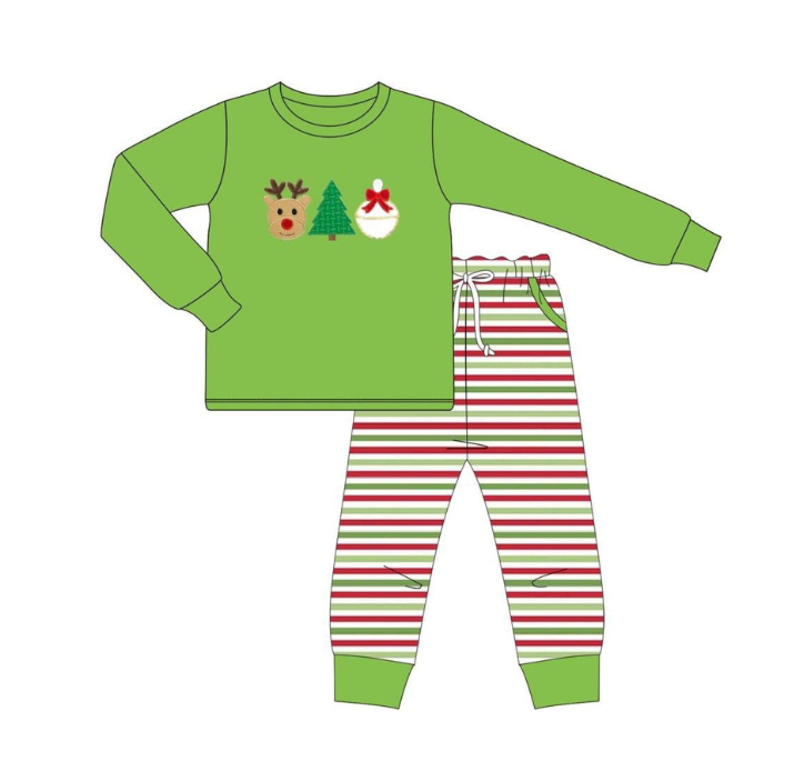 BLP1128 6.13y pre order Reindeer Christmas Tree Bell Green Long Sleeve Striped Pants Suit