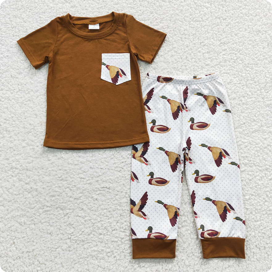 BSPO0102   6.14y Boys Duck Brown Pocket Short Sleeve Trousers Set