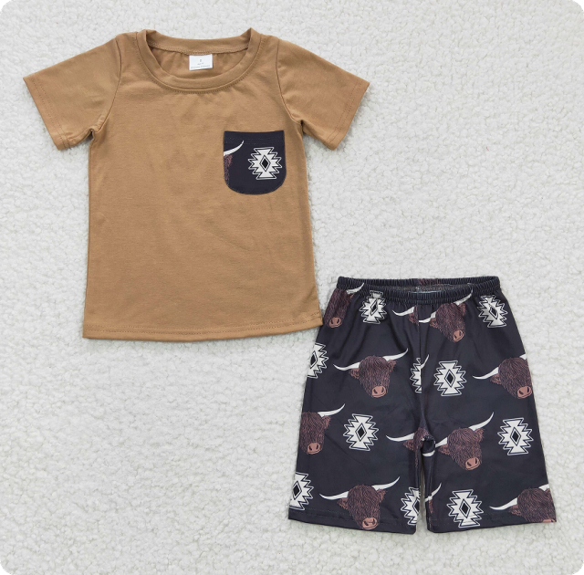 BSSO0148 6.14y Boys Alpine Cow Geometric Pattern Brown Pocket Short Sleeve Shorts Set