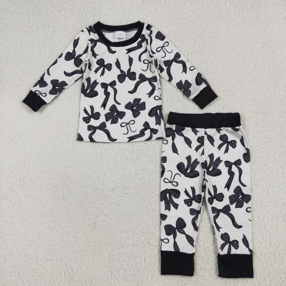 GLP2395 6.17y Beige long-sleeved trousers pajama set with black bow pattern