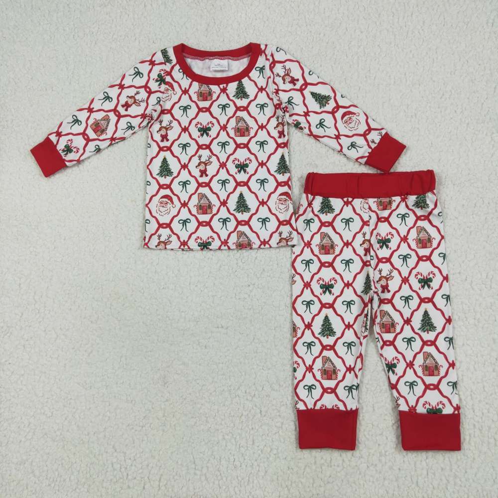 GLP2391 6.17y Christmas Bear House Bow Pattern Long Sleeve Long Pants Pajama Set