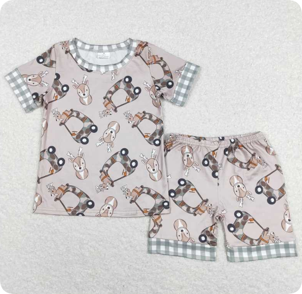BSSO0349  6.18y Deer camouflage car green and white plaid brown short-sleeved shorts suit