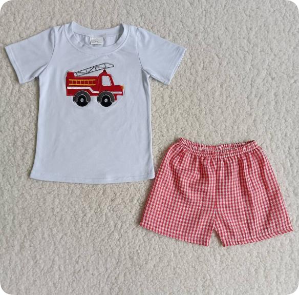 B3-13  6.18y Embroidered Fire Truck Cotton Top and Plaid Pants for Boys