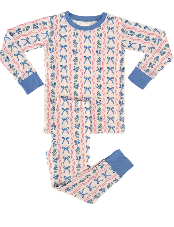 GLP2505 6.18y pre order Floral wavy line blue bow pattern long-sleeved trousers pajama set