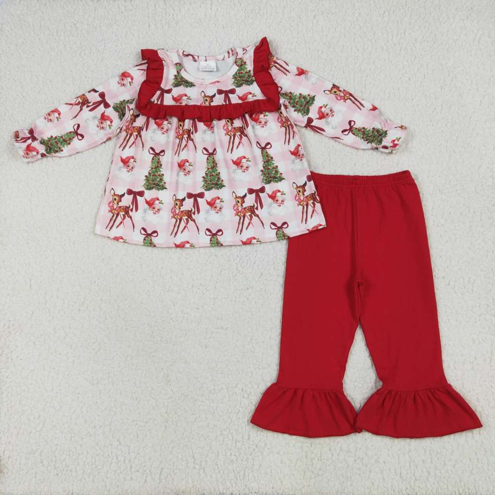 GLP2419 6.19y Santa Claus Bow Pattern Deer Red Lace Pink Plaid Long Sleeve Pants Set