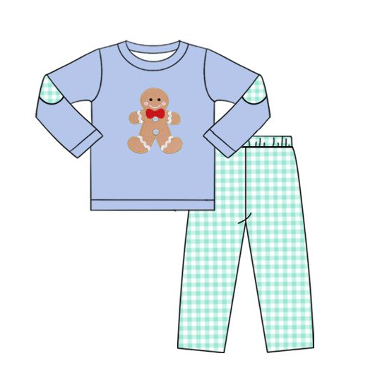 BLP1144 6.19y pre order Gingerbread Man Blue Long Sleeve Green Plaid Pants Suit