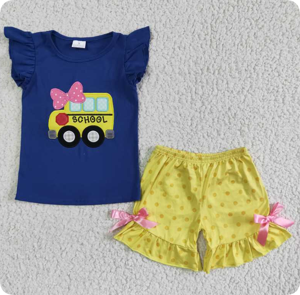 GSSO0091   6.21y Girls Embroidered Car Fly Sleeve Yellow Bow Shorts Set
