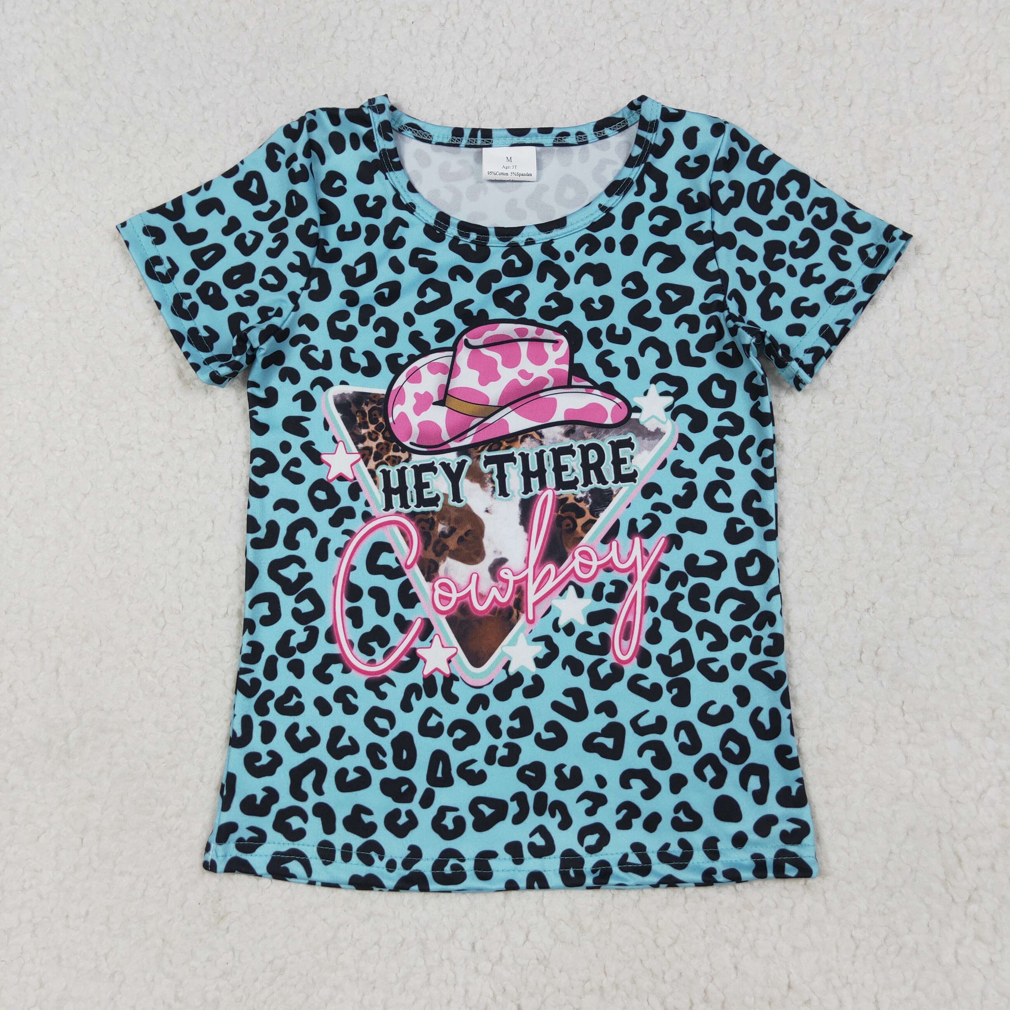 GT0934 6.24y cowboy hat leopard print blue short sleeve top