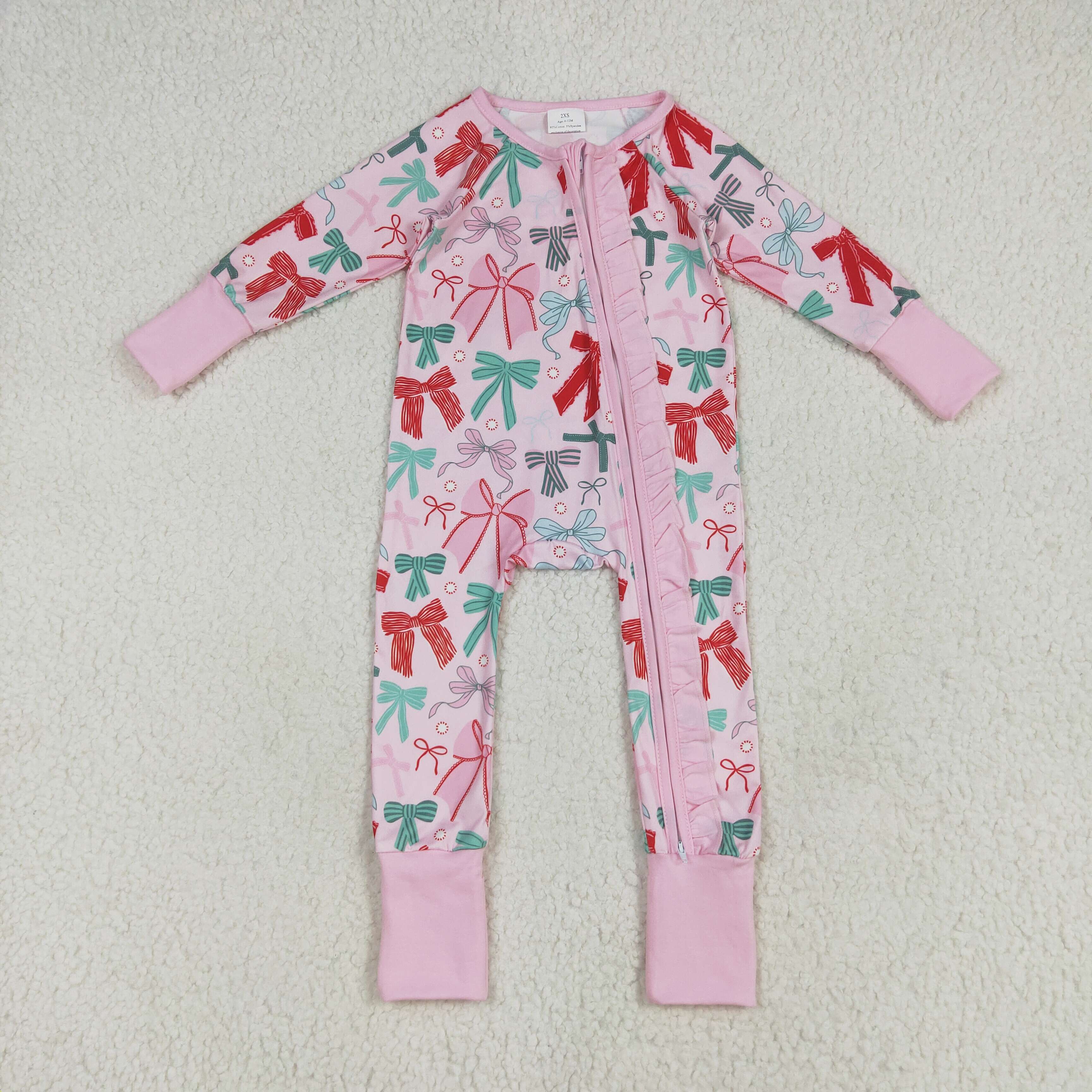 LR2266  6.25Y Pink lace zip-up long-sleeved bodysuit with bow romper
