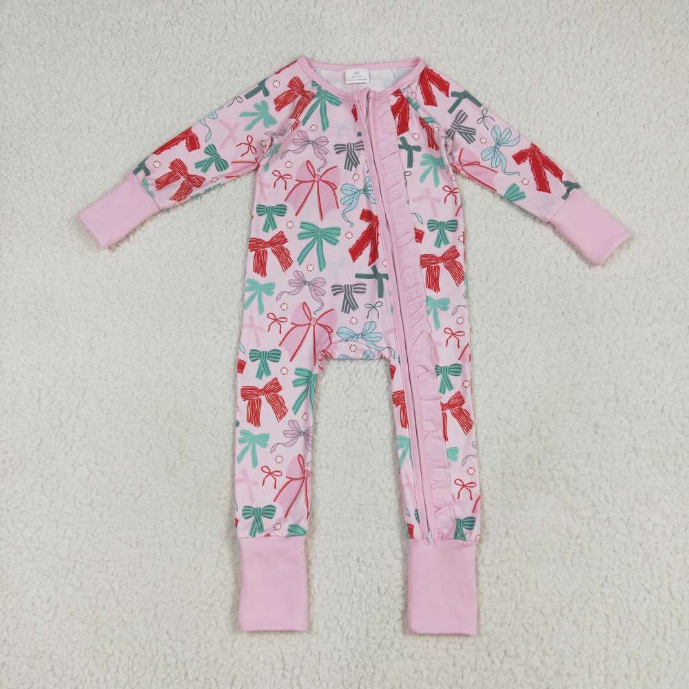 LR2266  6.25Y Pink lace zip-up long-sleeved bodysuit with bow romper