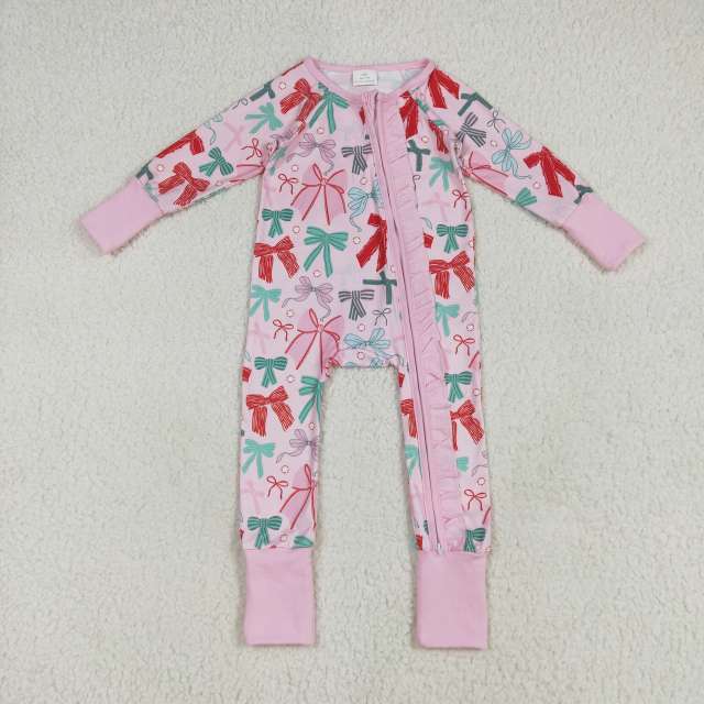 LR2266  6.25Y Pink lace zip-up long-sleeved bodysuit with bow romper