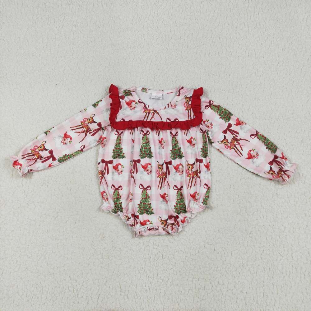 LR2274  6.25Y Santa Claus Bow Pattern Deer Red Lace Pink Plaid Long Sleeve  romper