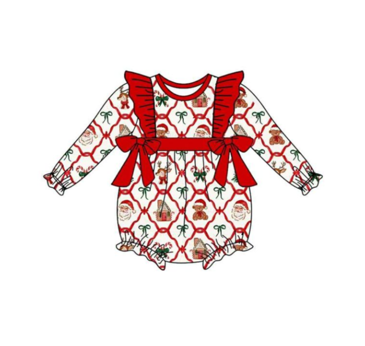 LR2352 6.26y  pre order Christmas Bear House Bow Pattern Long Sleeve  romper
