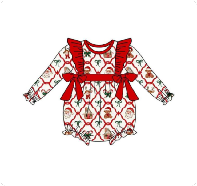 LR2352 6.26y  pre order Christmas Bear House Bow Pattern Long Sleeve  romper