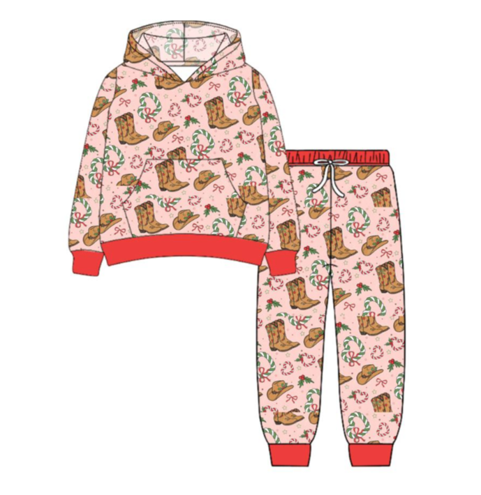 GLP2543 6.28y pre order Christmas cowboy hat boots red lace pink hooded long sleeve pants suit