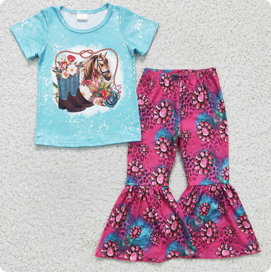 GSPO0312  6.28y  Girls Boots Horse Blue Short Sleeve Pants Set