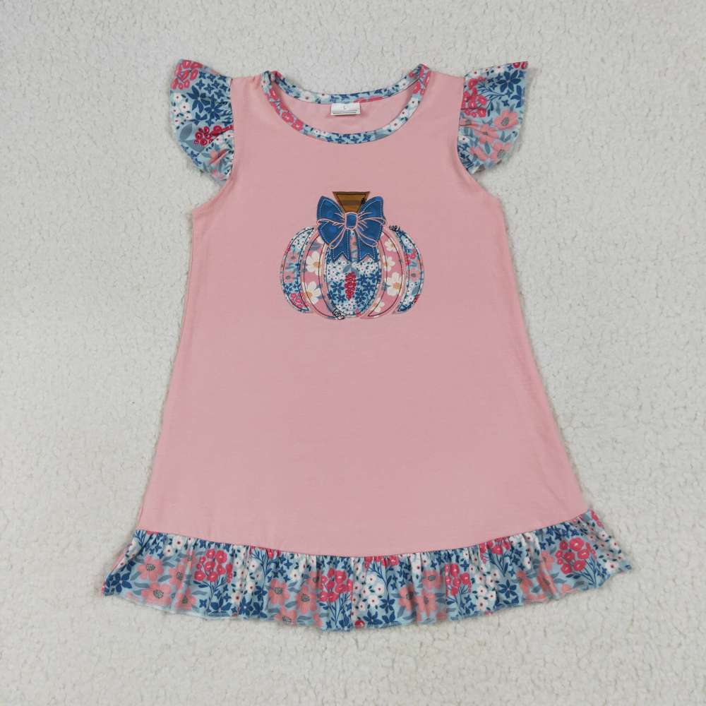 GSD2585 6.30 y  Embroidered Flower Bow Pumpkin Pink Fly Sleeve Dress