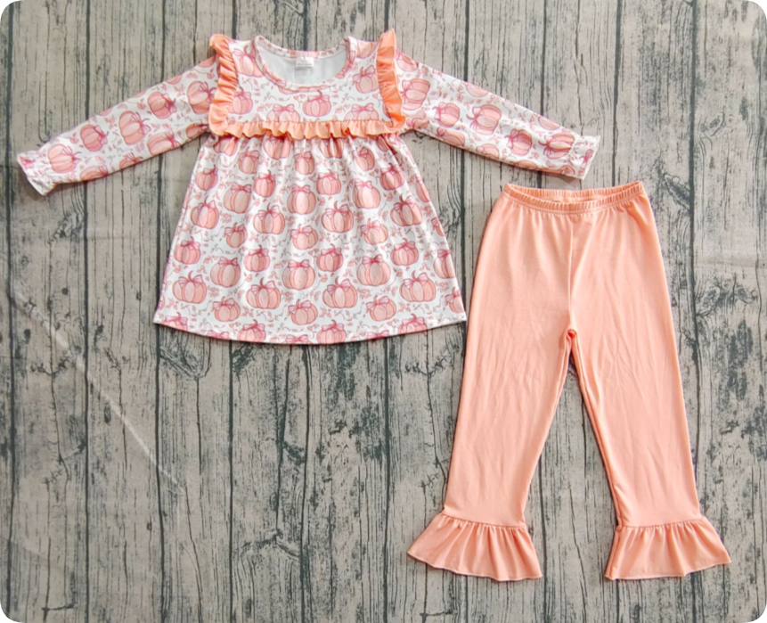GLP2452 7.4y pre order Beige long-sleeved trousers suit with pumpkin orange lace and bow  set