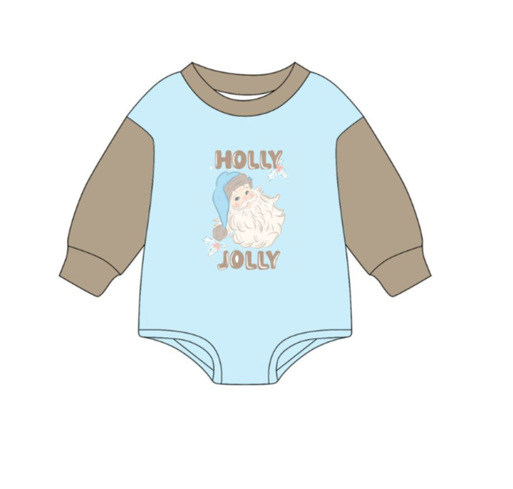 LR2376 7.4y  pre order holly jolly santa blue long sleeve onesie