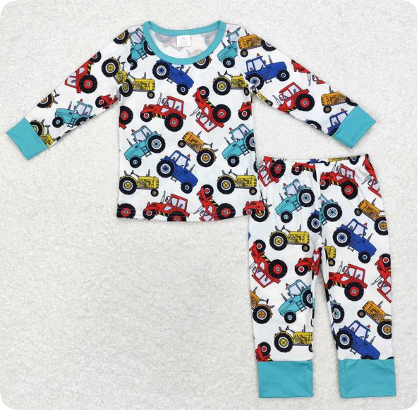 BLP0735  7.7y Modal Tractor White Long Sleeve Long Pants Pajama Set