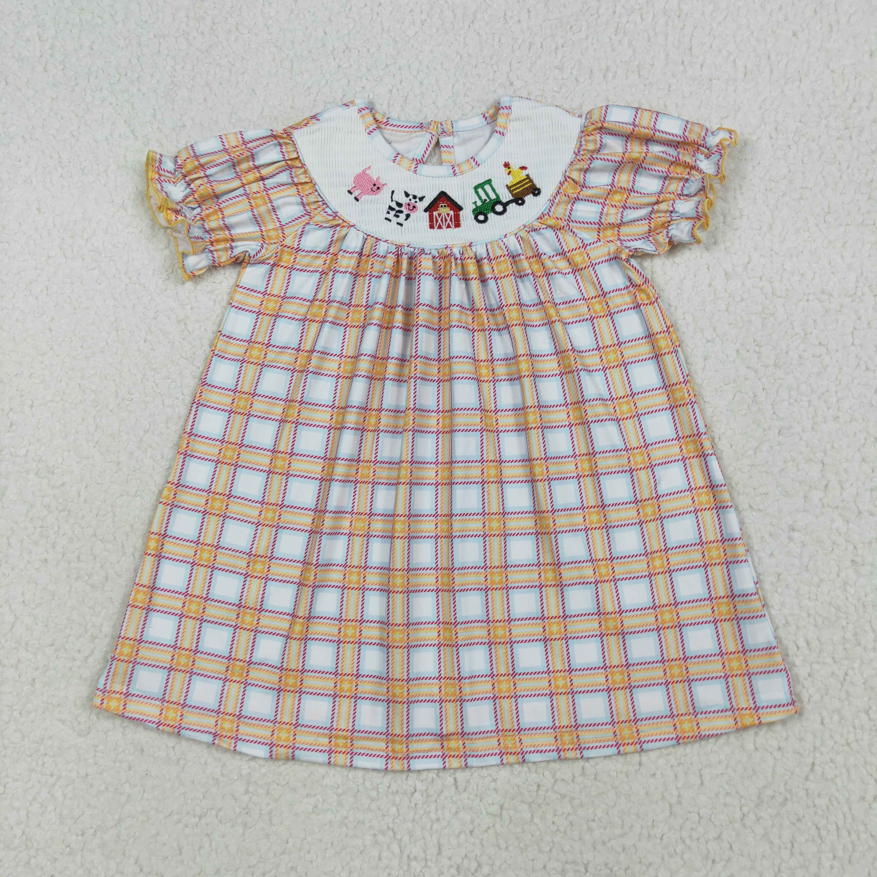 GSD2276 7.12y  Smocked embroidered farm animals red house orange plaid short sleeve dress