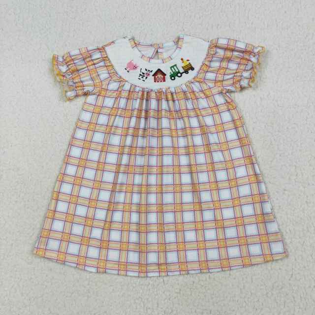 GSD2276 7.10y  Smocked embroidered farm animals red house orange plaid short sleeve dress
