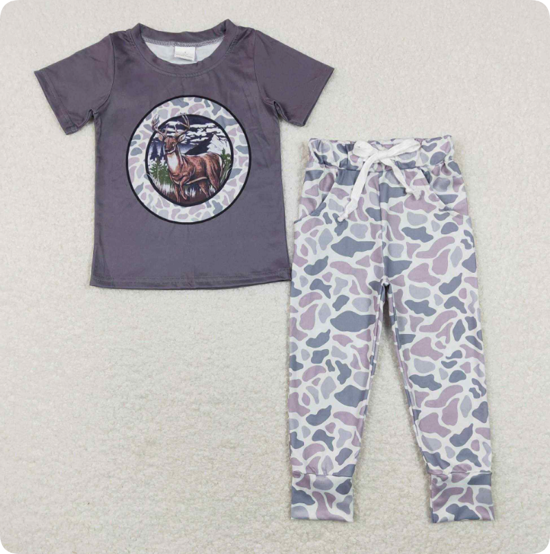 BT0464 7.11y Elk camouflage dark gray short-sleeved set