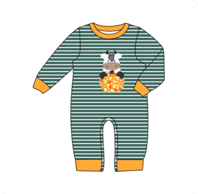 LR2418 7.12y  pre order Pumpkin Cow Stripe Green Long Sleeve  romper