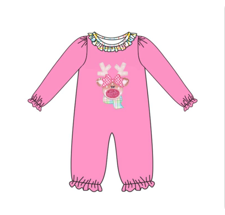 LR2426  7.12y  pre order Pink long-sleeved bodysuit with bow pattern and reindeer