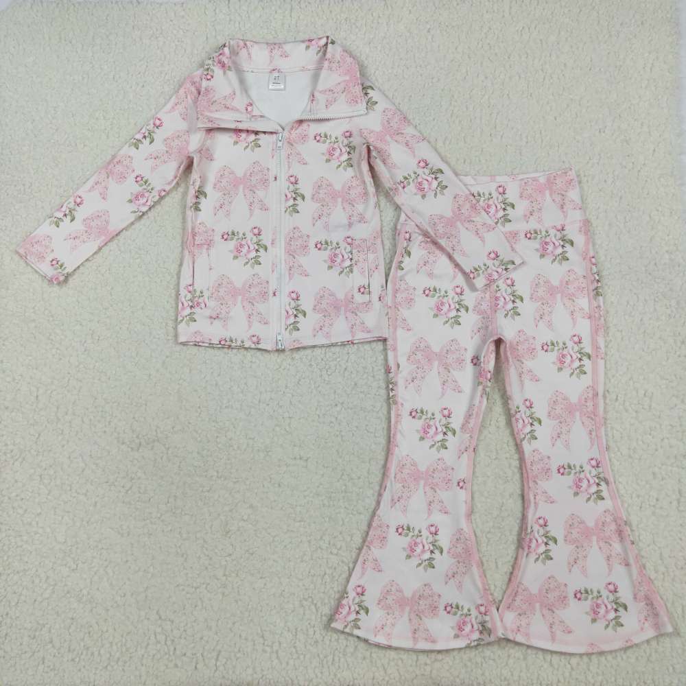GT1075 7.16y  Pink Yoga Zipper Long Sleeve Top with Floral Flowers, Leaves set