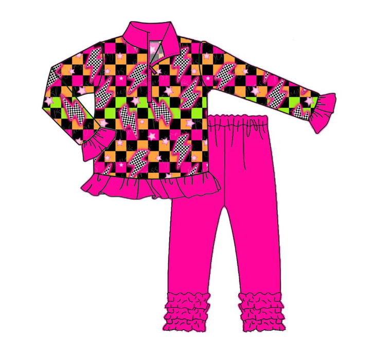 GLP2607 7.21y pre order Lightning Star Color Plaid Rose Red Lace Zipper Long Sleeve Pants Set