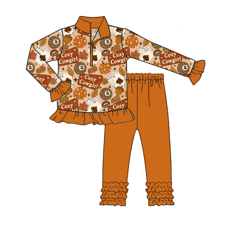 GLP2610 7.21y pre order cozy cowgirl playing card brown lace zipper long sleeve pants set