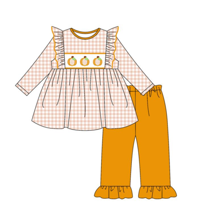 GLP2611 7.21y pre order Pumpkin Plaid Lace Long Sleeve Orange Pants Set