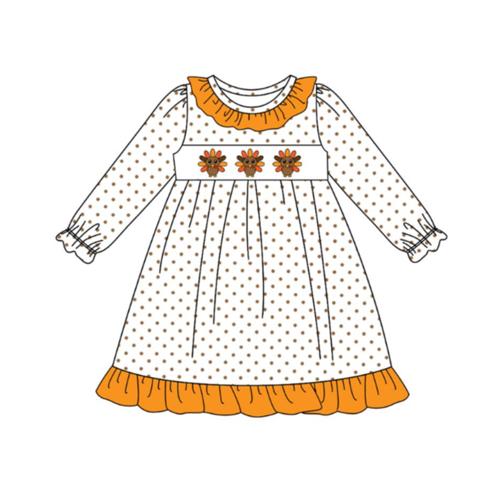 GLD1218  7.21y pre order Turkey Brown Polka Dot Orange Lace White Long Sleeve Dress