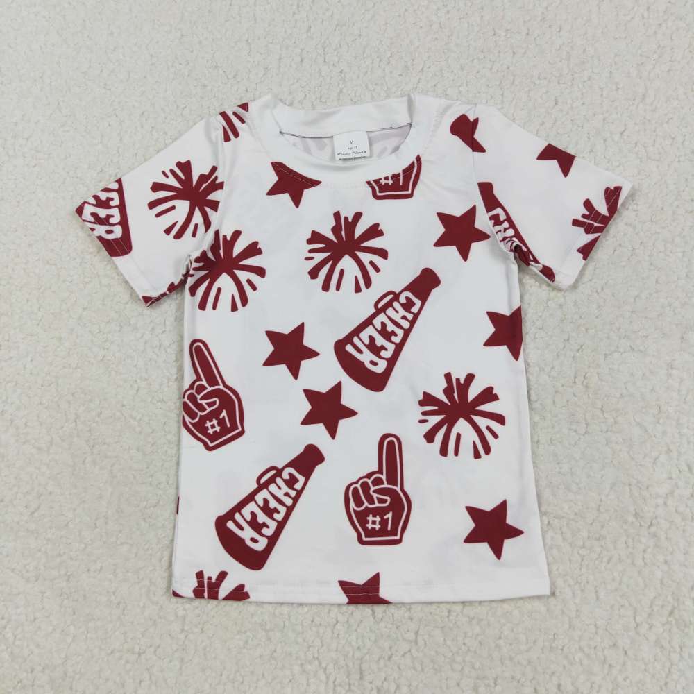 GT1093  7.22y cheer dark red fireworks stars white short-sleeved top
