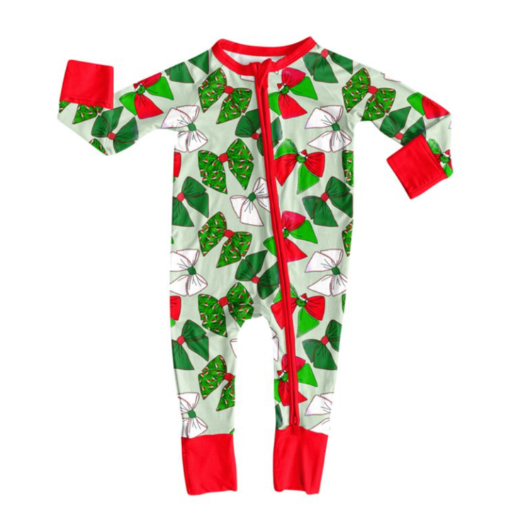 LR2485 7.25y  Red and green Christmas bow pattern zip-up long-sleeved  romper