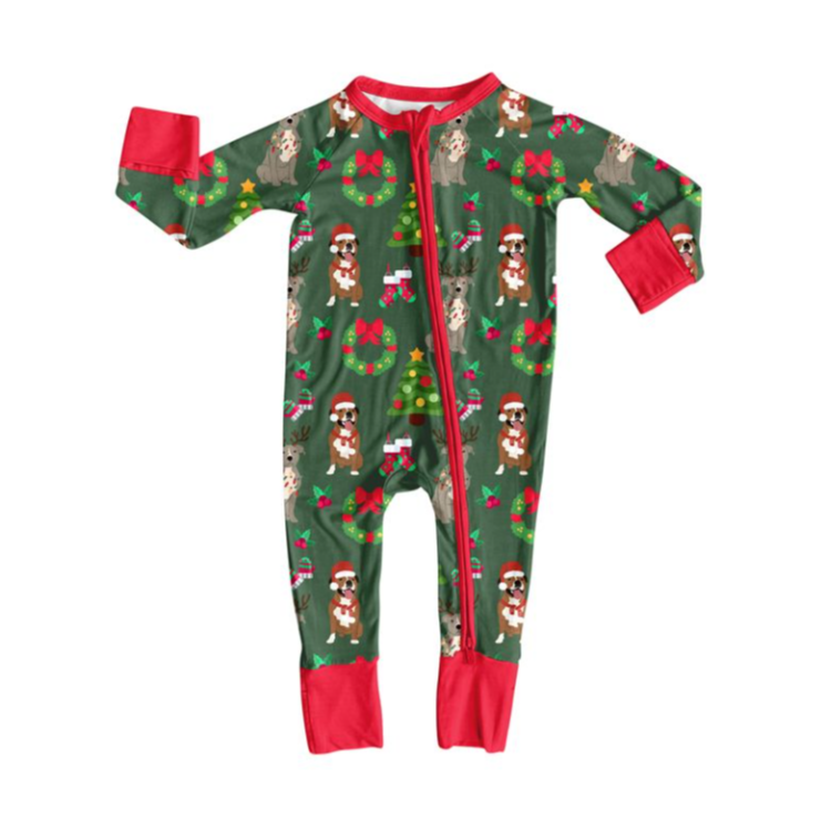 LR2487 7.25y  Christmas Tree Garland Puppy Socks Red and Green Zipper Long Sleeve Onesie