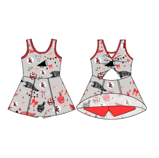 7.26y (moq 5)Baby Girls Sleeveless Wolves Bow Team Shorts Team Dresses