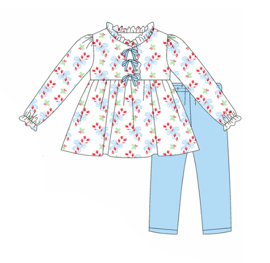 7.26y (moq 5) Baby Girls Long Sleeves Blue Candy Cane Holly Tunic Legging Pants Set