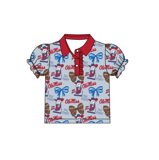 7.28y (moq 5)Baby Girls Olemiss Bows Team Short Sleeve Tee Pullovers Polo Shirts Tops
