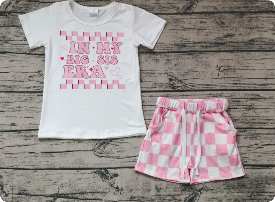 SS0258 +GT0556 in my big sis era letter pink and white plaid short sleeve set