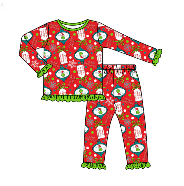 7.29y (moq 5)Baby Girls Long Ruffle Sleeves Cartoon Face Plaid Top Pants Pajamas Set