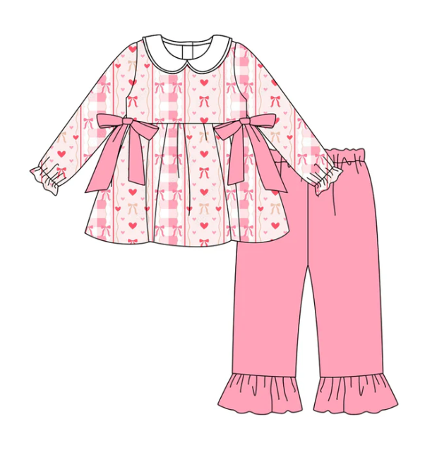 7.29y (moq 5)Baby Girls Long Sleeves Pink Bows Hearts Stripes Tunic Ruffle Pants Set