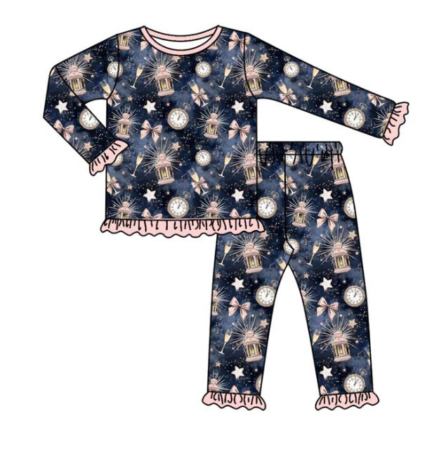 7.29y (moq 5)Baby Girls Long Ruffle Sleeves Hot Blue Key Stars Top Pants Pajamas Set