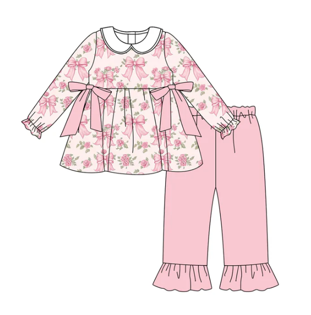 7.29y (moq 5)Baby Girls Long Sleeves Pink Flowers Bows Plaid Tunic Ruffle Pants Set